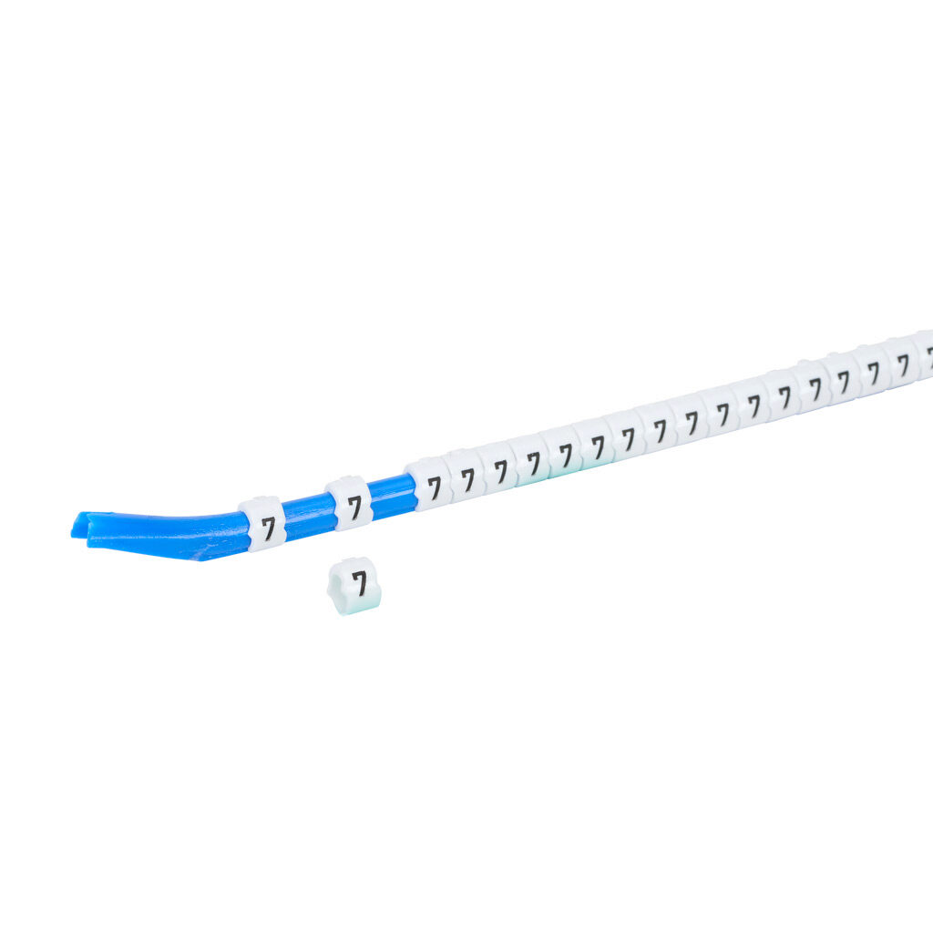 STD09-300-7-WH-AD - TE Connectivity snap-on wire marker, single number (7), black on white, accepts wire size 3.2-4.5mm (0.12in-0.17in). For use with most 14-12 AWG MTW and 12-10 AWG THHN wire. Package of 300.
