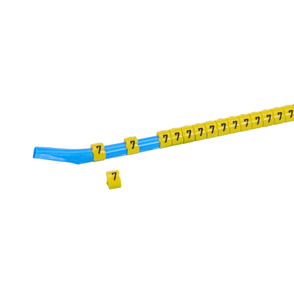 STD09-300-7-YL-AD - TE Connectivity snap-on wire marker, single number (7), black on yellow, accepts wire size 3.2-4.5mm (0.12in-0.17in). For use with most 14-12 AWG MTW and 12-10 AWG THHN wire. Package of 300.