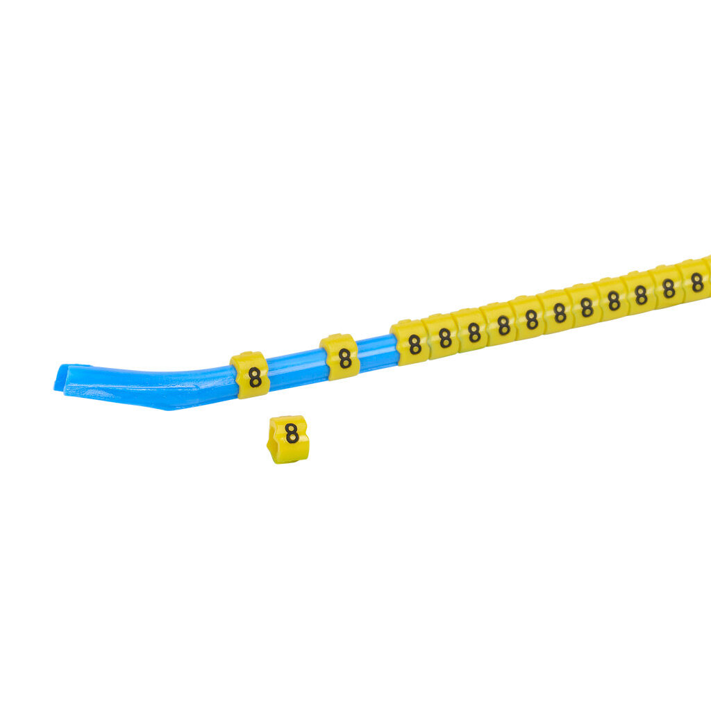 STD09-300-8-YL-AD - TE Connectivity snap-on wire marker, single number (8), black on yellow, accepts wire size 3.2-4.5mm (0.12in-0.17in). For use with most 14-12 AWG MTW and 12-10 AWG THHN wire. Package of 300.
