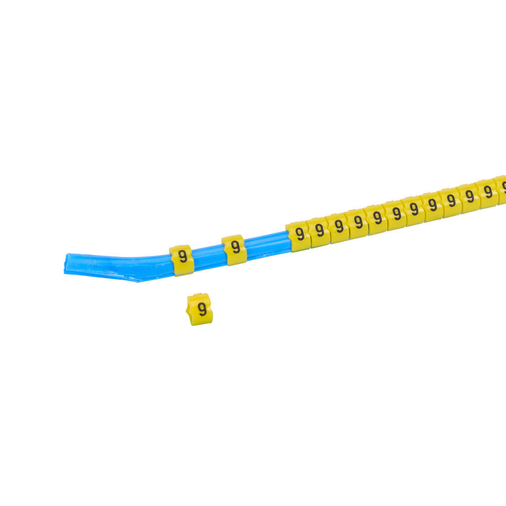 STD09-300-9-YL-AD - TE Connectivity snap-on wire marker, single number (9), black on yellow, accepts wire size 3.2-4.5mm (0.12in-0.17in). For use with most 14-12 AWG MTW and 12-10 AWG THHN wire. Package of 300.