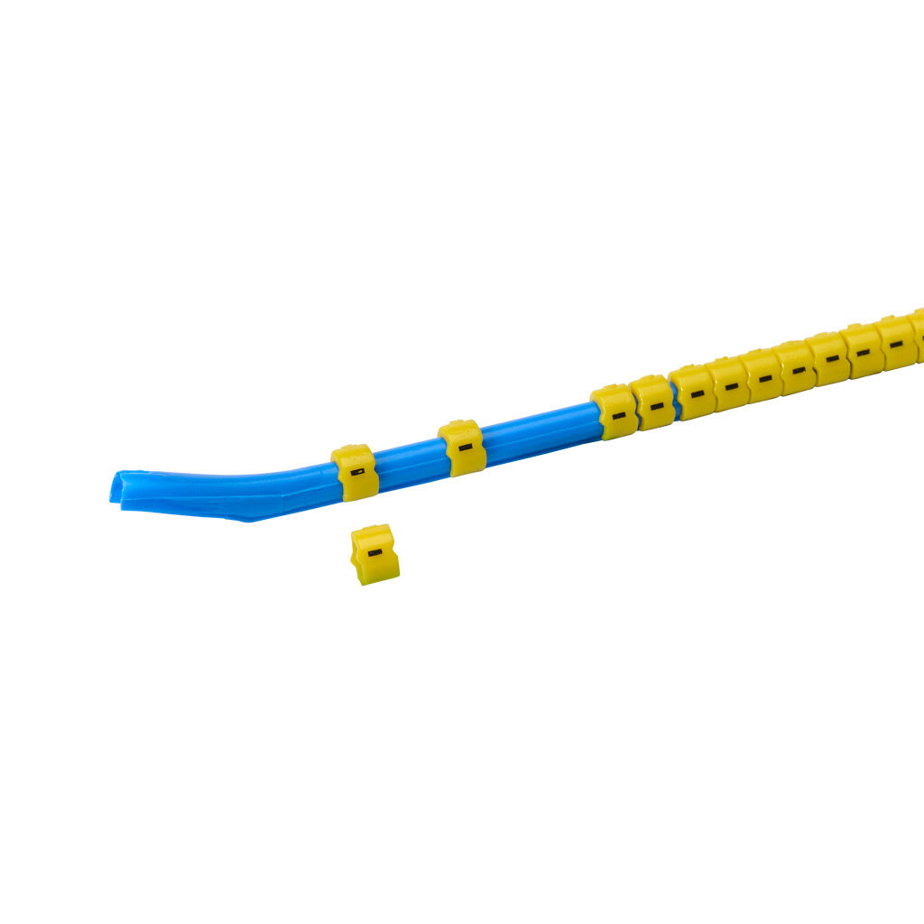 STD09-300-MIN-YL-AD - TE Connectivity snap-on wire marker, single character (-), black on yellow, accepts wire size 3.2-4.5mm (0.12in-0.17in). For use with most 14-12 AWG MTW and 12-10 AWG THHN wire. Package of 300.