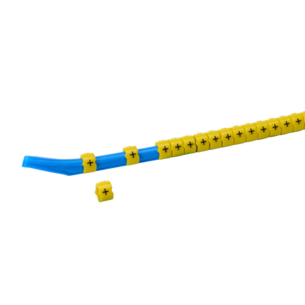 STD09-300-PLS-YL-AD - TE Connectivity snap-on wire marker, single character (+), black on yellow, accepts wire size 3.2-4.5mm (0.12in-0.17in). For use with most 14-12 AWG MTW and 12-10 AWG THHN wire. Package of 300.