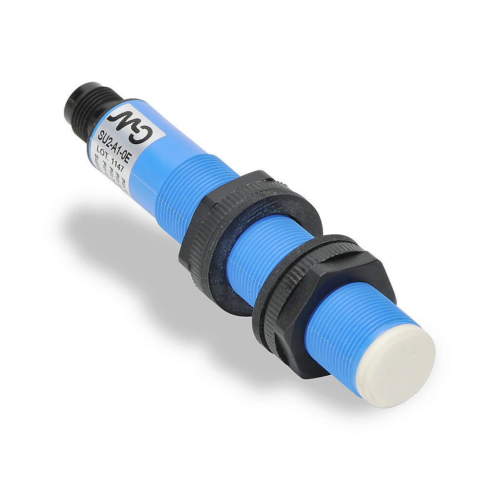 SU2-A1-0E - Micro Detectors ultrasonic proximity sensor, tubular, 18mm diameter x 90mm body, polybutylene terephthalate housing, diffuse, 0-10 VDC analog output, 200-1500mm sensing distance, IP67, 4-pin M12 quick-disconnect.