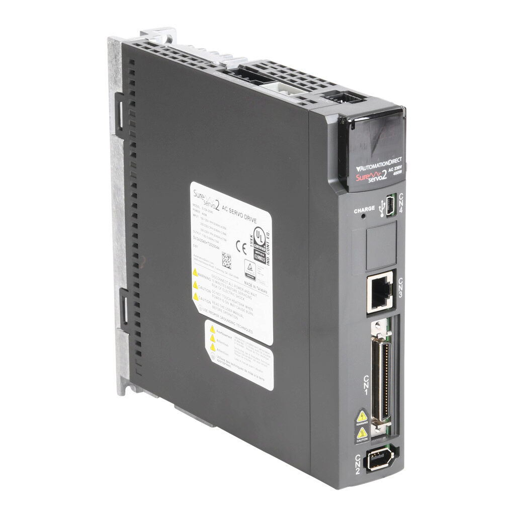 SV2A-2040 - SureServo2 servo drive, 400W, 110/230 VAC, 1 and 3-phase, (1) RS-485 (RJ45) port(s), Modbus RTU and Modbus ASCII. For use with 100W-400W systems. Optional EtherNet/IP and Modbus TCP cards available.