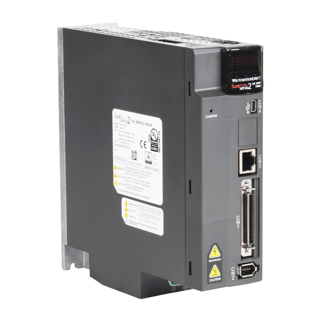 SV2A-2075 - SureServo2 servo drive, 750W, 110/230 VAC, 1 and 3-phase, (1) RS-485 (RJ45) port(s), Modbus RTU and Modbus ASCII. For use with 750W systems. Optional EtherNet/IP and Modbus TCP cards available.