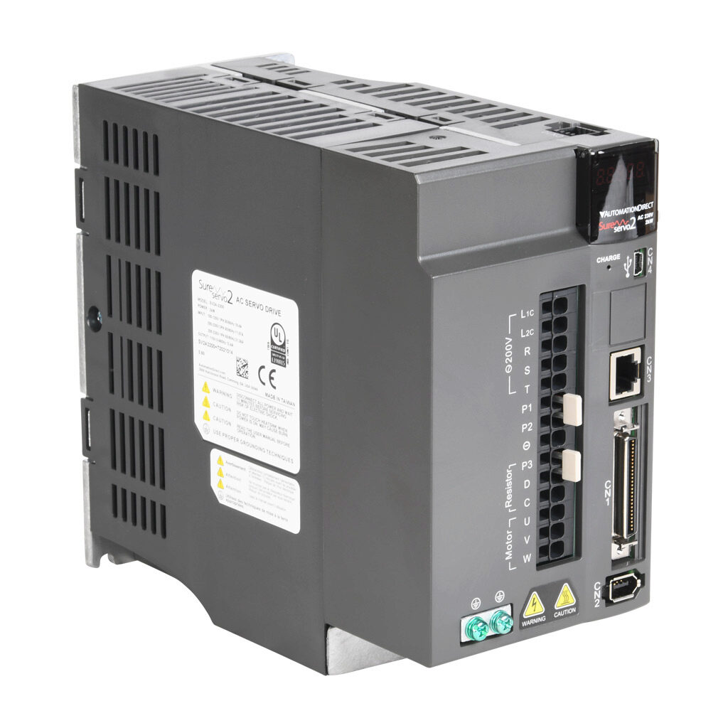 SV2A-2200 - SureServo2 servo drive, 2 kW, 110/230 VAC, 1 and 3-phase, (1) RS-485 (RJ45) port(s), Modbus RTU and Modbus ASCII. For use with 2 kW systems. Optional EtherNet/IP and Modbus TCP cards available.