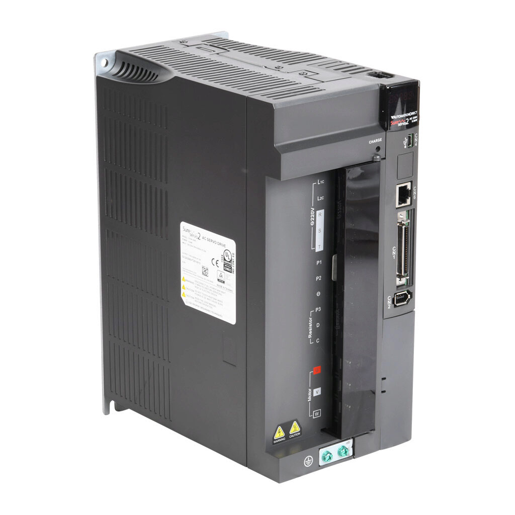 SV2A-2550 - SureServo2 servo drive, 5.5 kW, 230 VAC, 3-phase, (1) RS-485 (RJ45) port(s), Modbus RTU and Modbus ASCII. For use with 4.5 kW and 5.5 kW systems. Optional EtherNet/IP and Modbus TCP cards available.