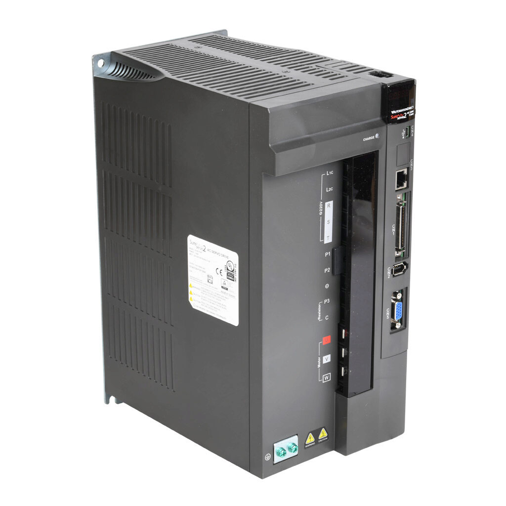 SV2A-2750 - SureServo2 servo drive, 7.5 kW, 230 VAC, 3-phase, (1) RS-485 (RJ45) port(s), Modbus RTU and Modbus ASCII. For use with 7.5 kW systems. Optional EtherNet/IP and Modbus TCP cards available.