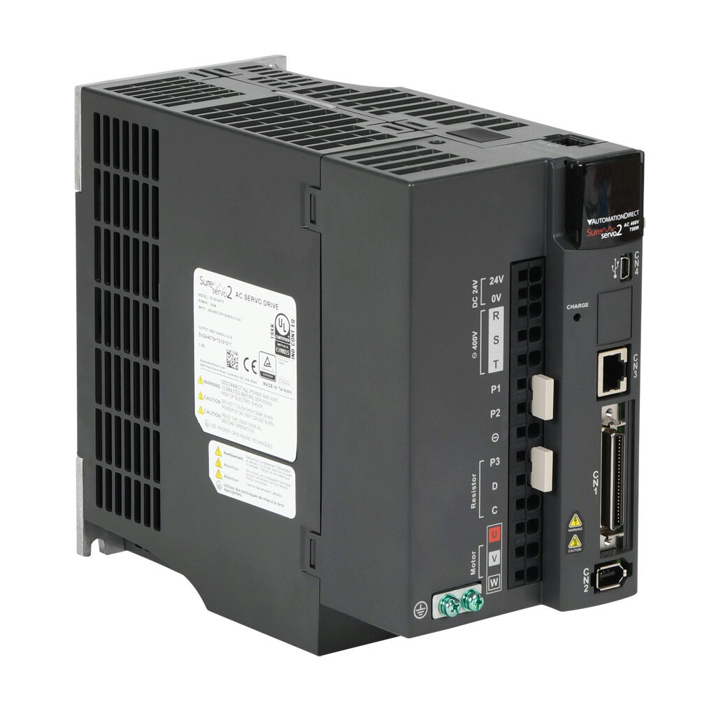 SV2A-4075 - SureServo2 servo drive, 750W, 460 VAC, 3-phase, (1) RS-485 (RJ45) port(s), Modbus RTU and Modbus ASCII. For use with 750W systems. Optional EtherNet/IP and Modbus TCP cards available.