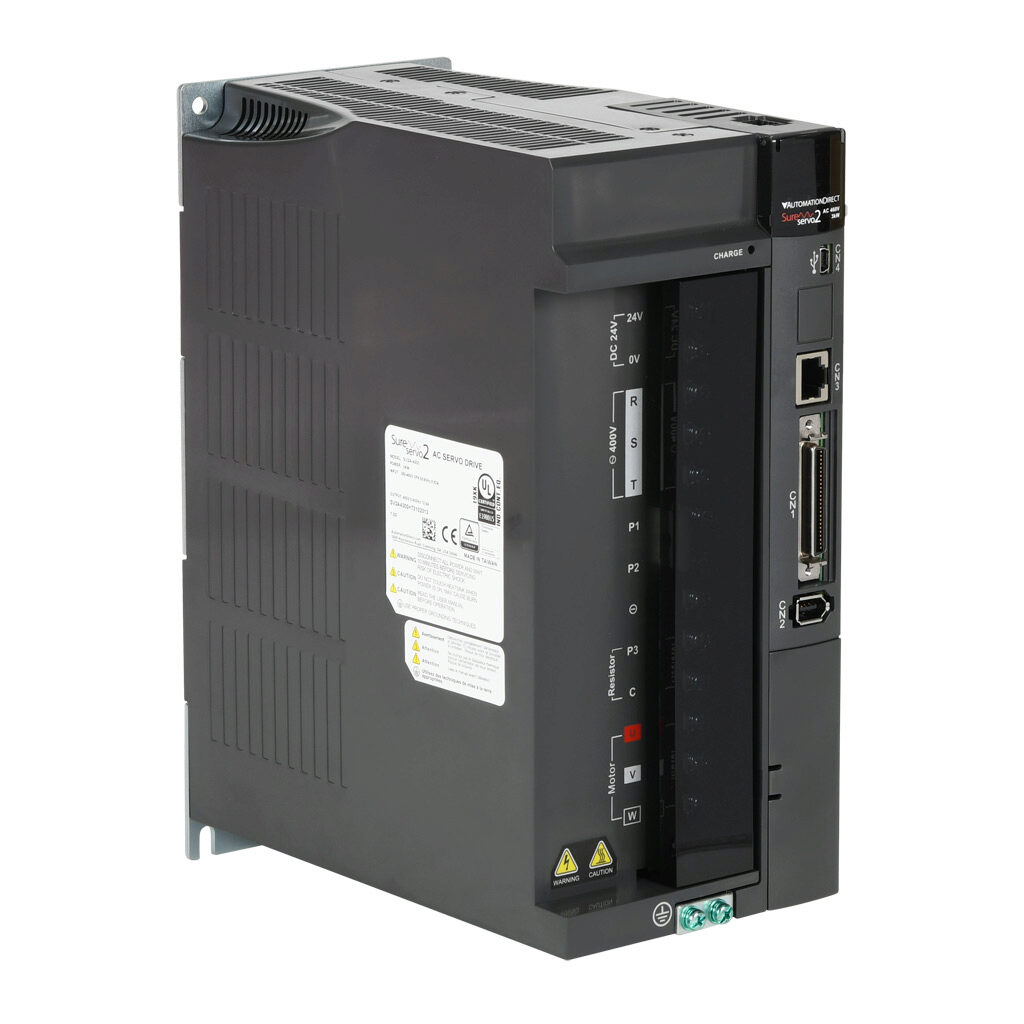 SV2A-4300 - SureServo2 servo drive, 3 kW, 460 VAC, 3-phase, (1) RS-485 (RJ45) port(s), Modbus RTU and Modbus ASCII. For use with 3 kW systems. Optional EtherNet/IP and Modbus TCP cards available.