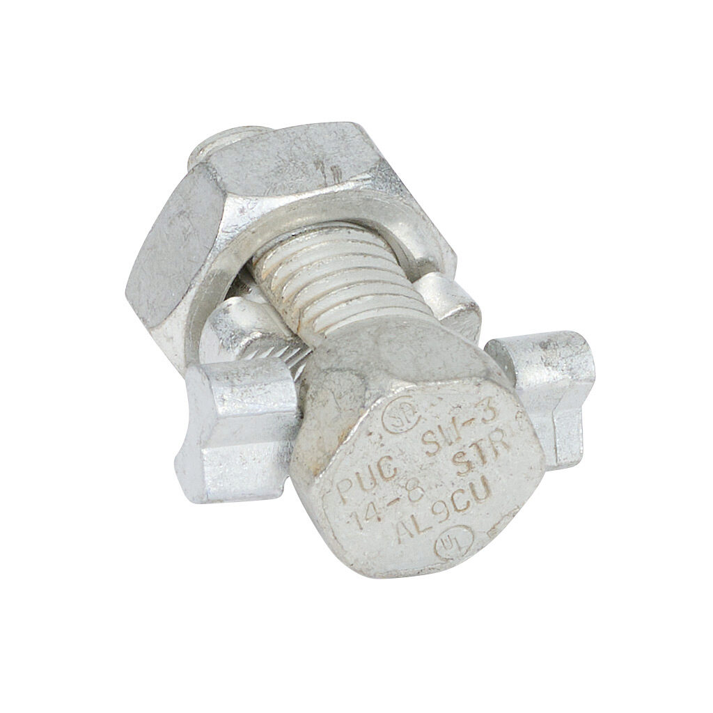 SW-3-1 - Penn-Union SW series split bolt, copper alloy, 5/8in nut hex, 7/16in body hex, 14-8 AWG, copper or aluminum.