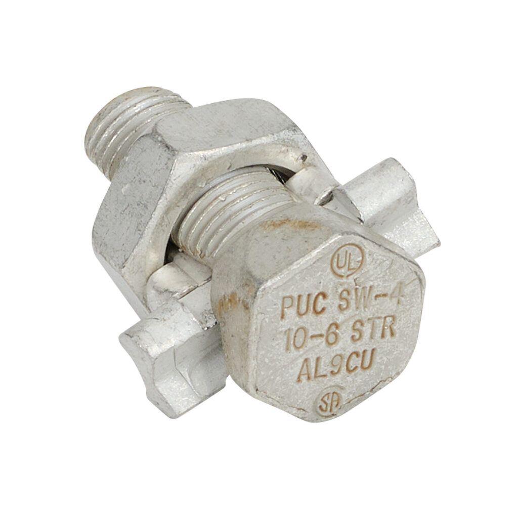 SW-4-1 - Penn-Union SW series split bolt, copper alloy, 11/16in nut hex, 1/2in body hex, 10-6 AWG, copper or aluminum.