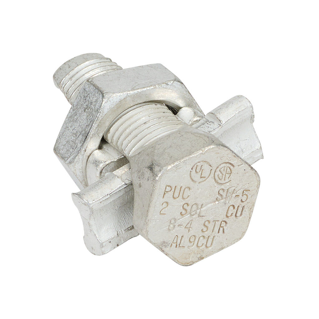 SW-5-5 - Penn-Union SW series split bolt, copper alloy, 13/16in nut hex, 5/8in body hex, 8-4 AWG, copper or aluminum. Package of 5.