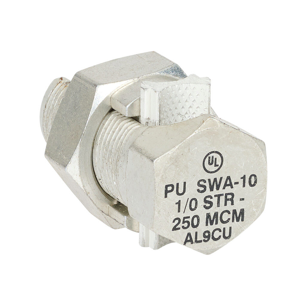 SWA-10-1 - Penn-Union SWA series split bolt, aluminum, 1-1/2in nut hex, 13/16in body hex, 1/0 AWG-250 MCM, copper or aluminum.