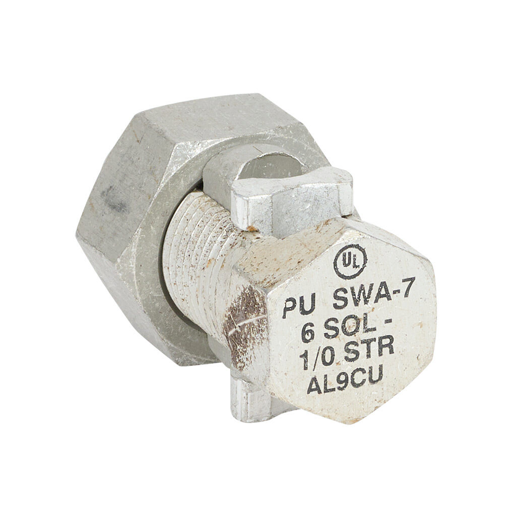 SWA-7-1 - Penn-Union SWA series split bolt, aluminum, 1in nut hex, 3/4in body hex, 6-1/0 AWG, copper or aluminum.