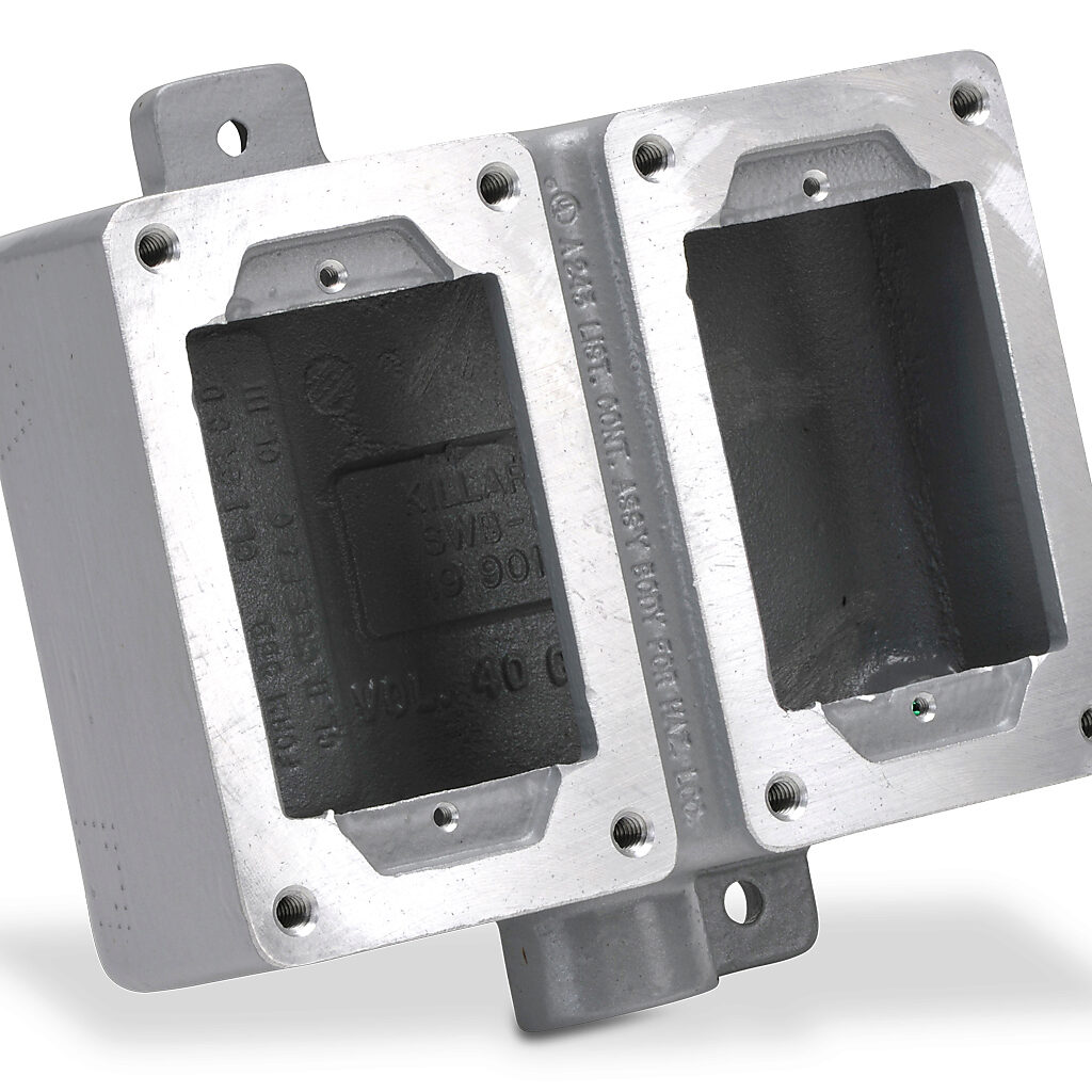 SWB-8 - Killark device/splice box, dead end, (2) gang, (1) 3/4in female NPT conduit entries, aluminum. Use with XCS series cover assemblies for hazardous locations.