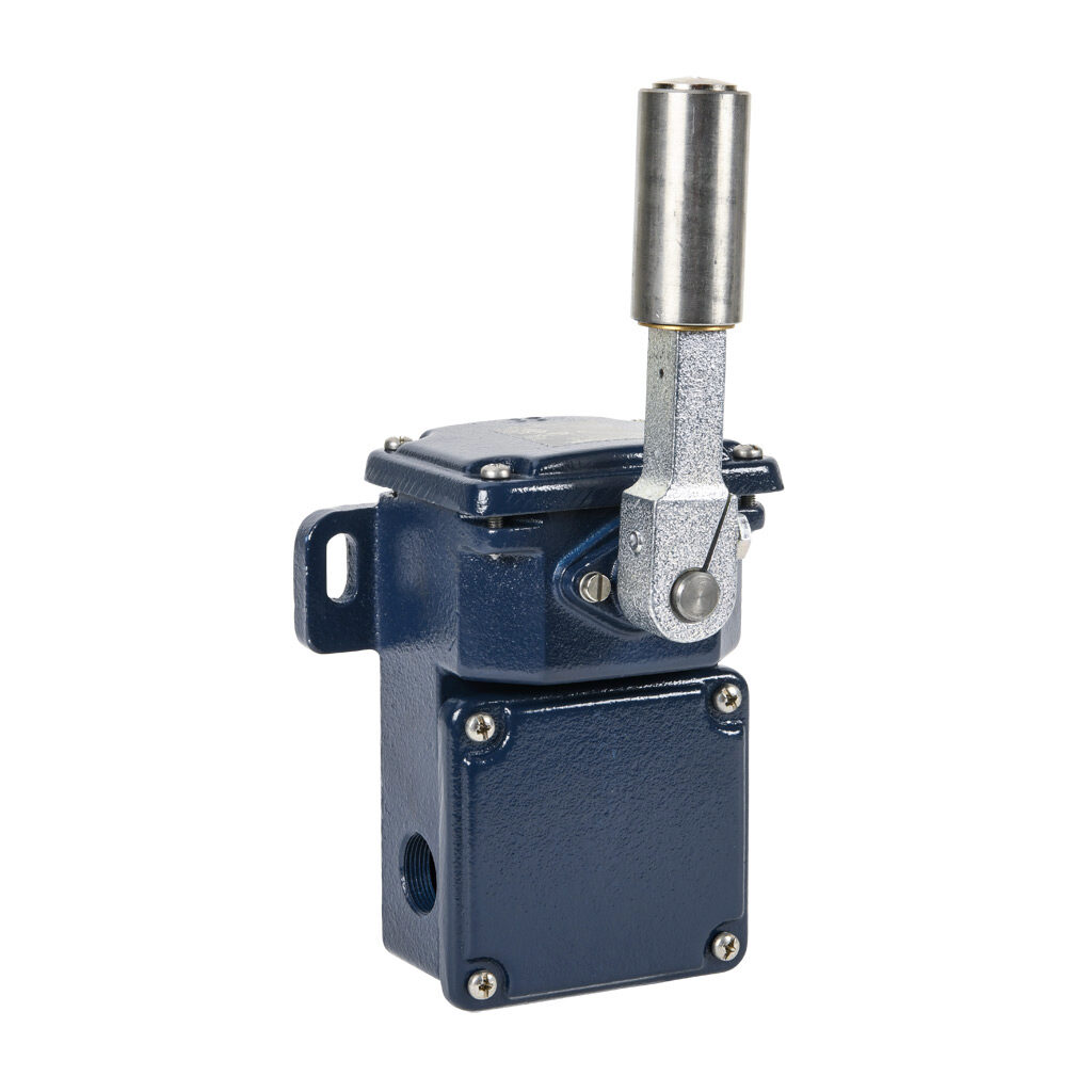T.250-02Z-H-966 - Schmersal heavy duty limit switch, side rotary lever with metal belt roller, (2) N.C. contact(s), slow action, 122mm hole spacing, cast iron, (2) M25 x 1.5 cable entry.