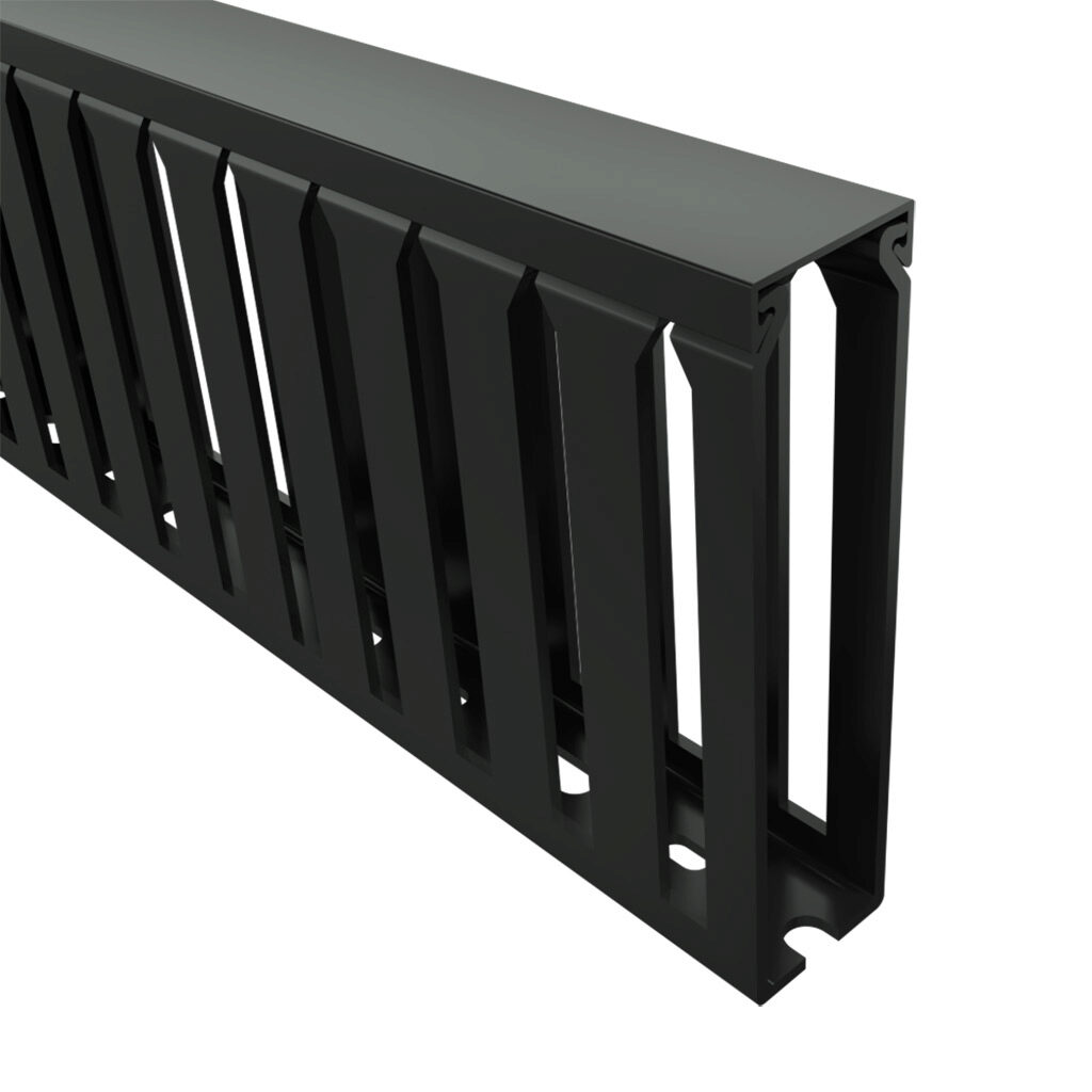 T1-1040K-1 - Iboco T1 series open slot wide finger wire duct, 1in width, 4in height, 6.5ft/2m length, black. Cover included.