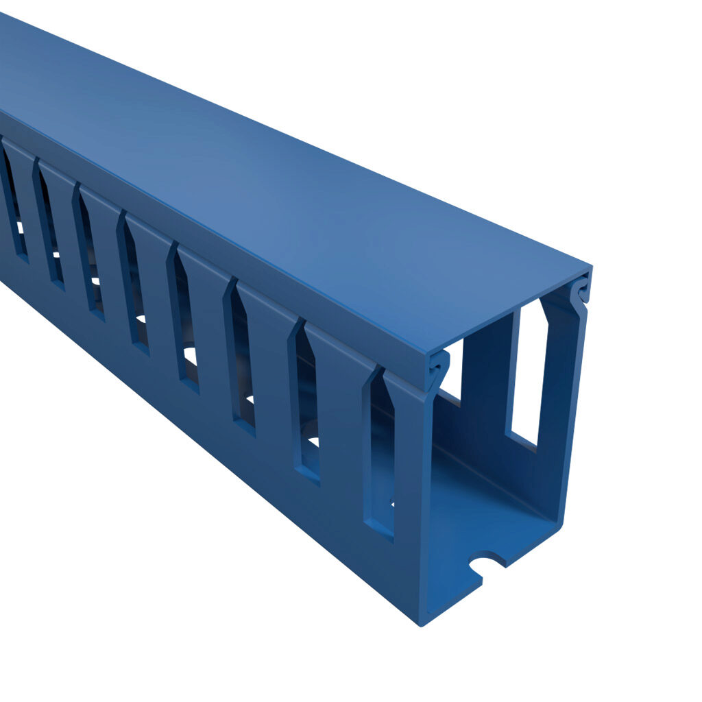 T1-1522B-1 - Iboco T1 series open slot wide finger wire duct, 1.5in width, 2.25in height, 6.5ft/2m length, blue. Cover included.