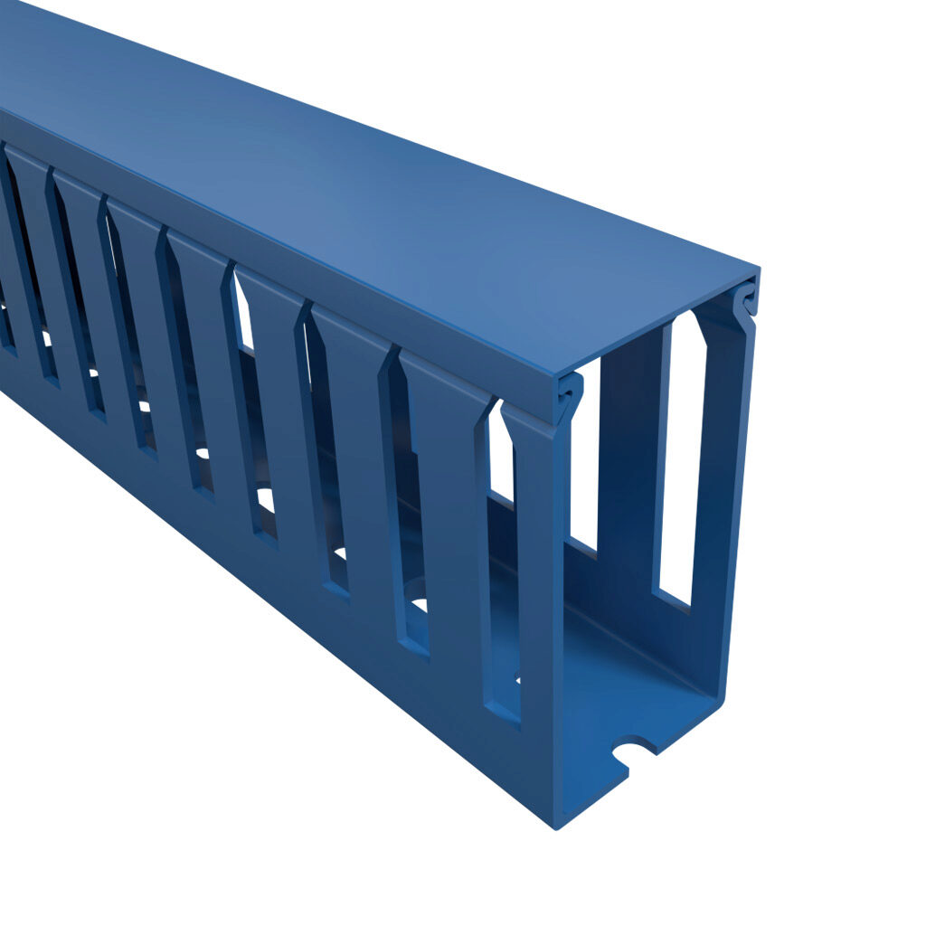 T1-1530B-1 - Iboco T1 series open slot wide finger wire duct, 1.5in width, 3in height, 6.5ft/2m length, blue. Cover included.