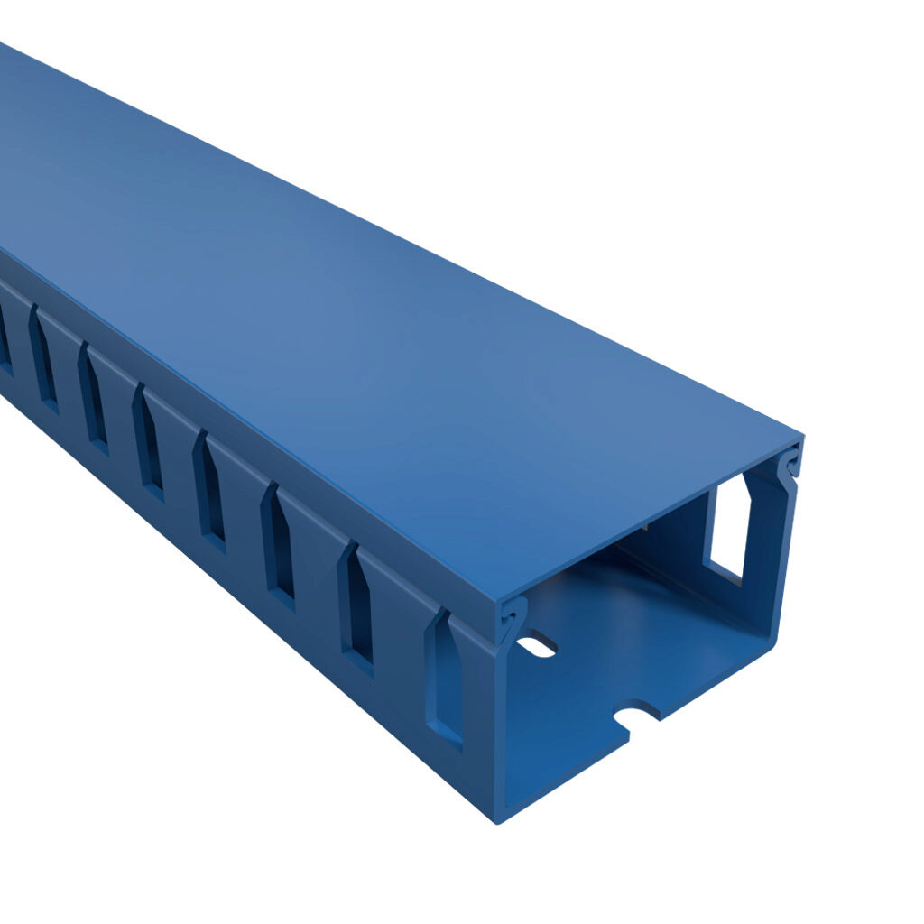 T1-2215B-1 - Iboco T1 series open slot wide finger wire duct, 2.25in width, 1.5in height, 6.5ft/2m length, blue. Cover included.
