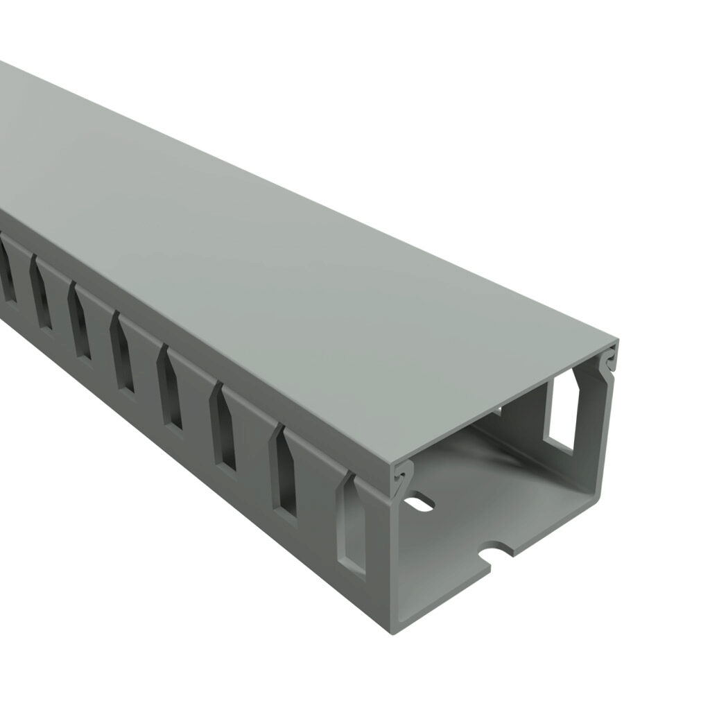 T1-2215G-1 - Iboco T1 series open slot wide finger wire duct, 2.25in width, 1.5in height, 6.5ft/2m length, gray. Cover included.