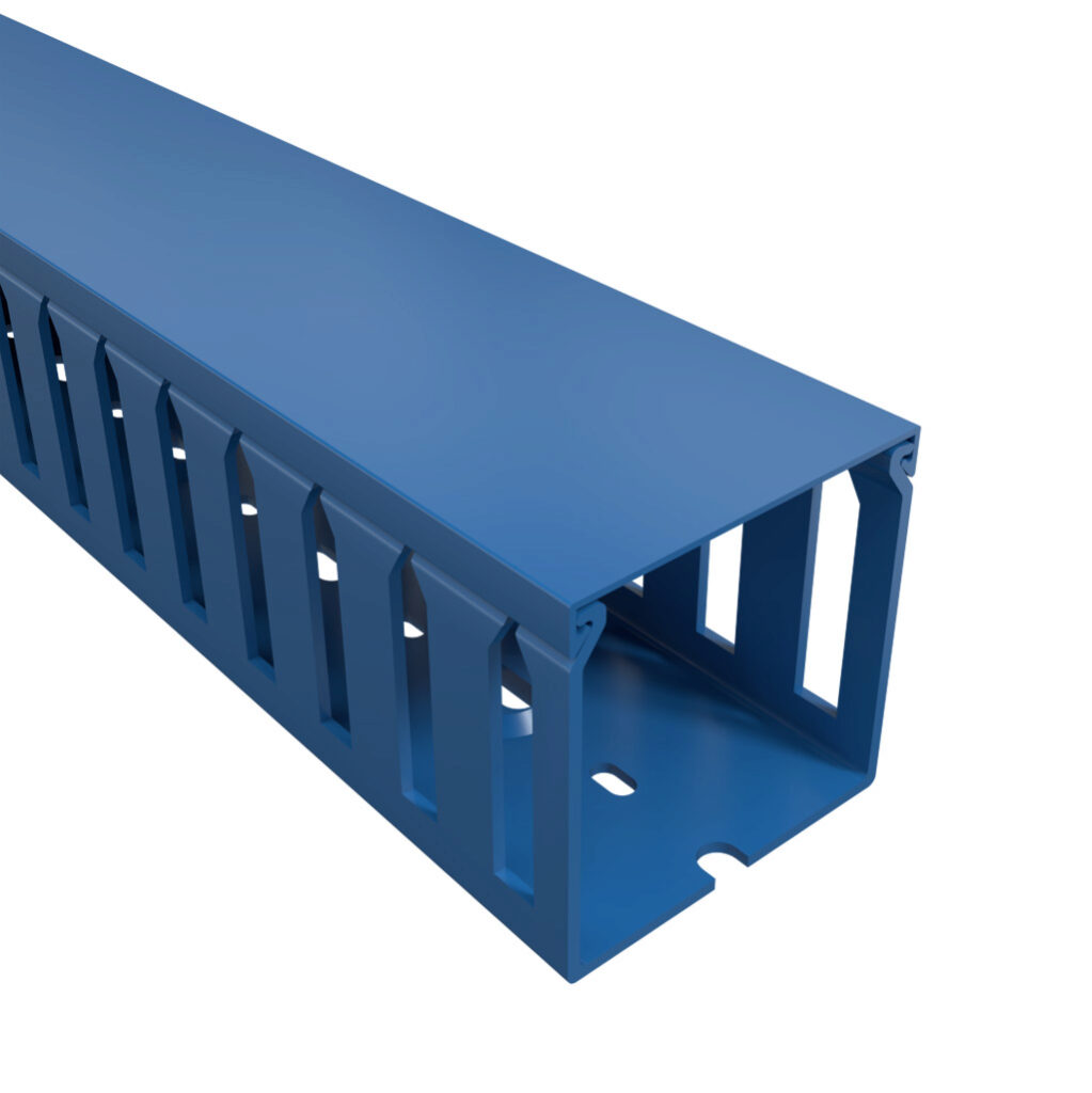T1-2222B-1 - Iboco T1 series open slot wide finger wire duct, 2.25in width, 2.25in height, 6.5ft/2m length, blue. Cover included.