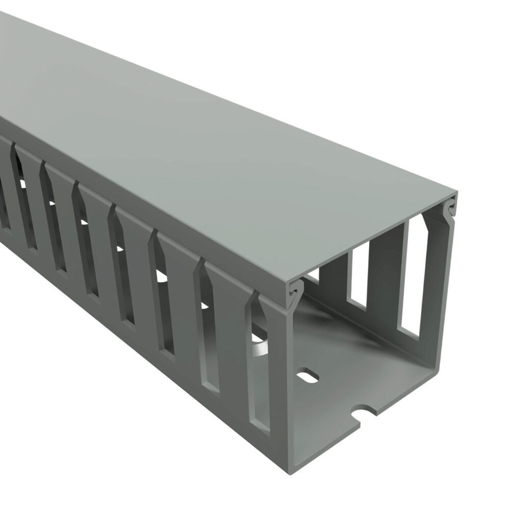 T1-2222G-1 - Iboco T1 series open slot wide finger wire duct, 2.25in width, 2.25in height, 6.5ft/2m length, gray. Cover included.