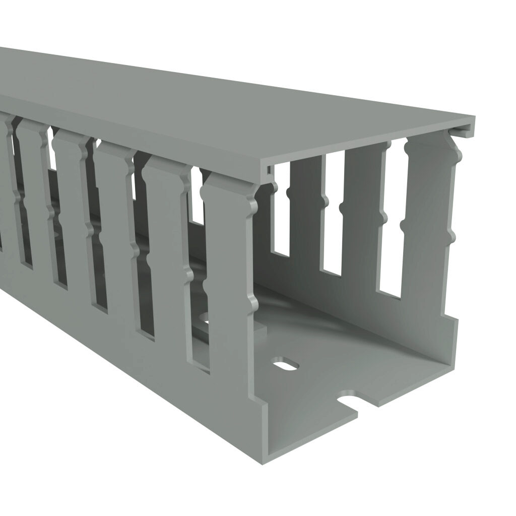 T1-2222G1-1 - Iboco T1 series open slot wide finger wire duct, 2.25in width, 2.25in height, 3.2ft/1m length, gray. Cover included.