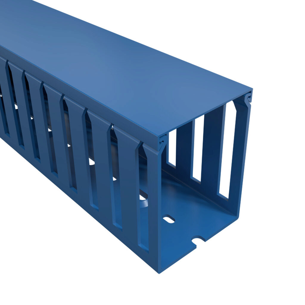 T1-2230B-1 - Iboco T1 series open slot wide finger wire duct, 2.25in width, 3in height, 6.5ft/2m length, blue. Cover included.