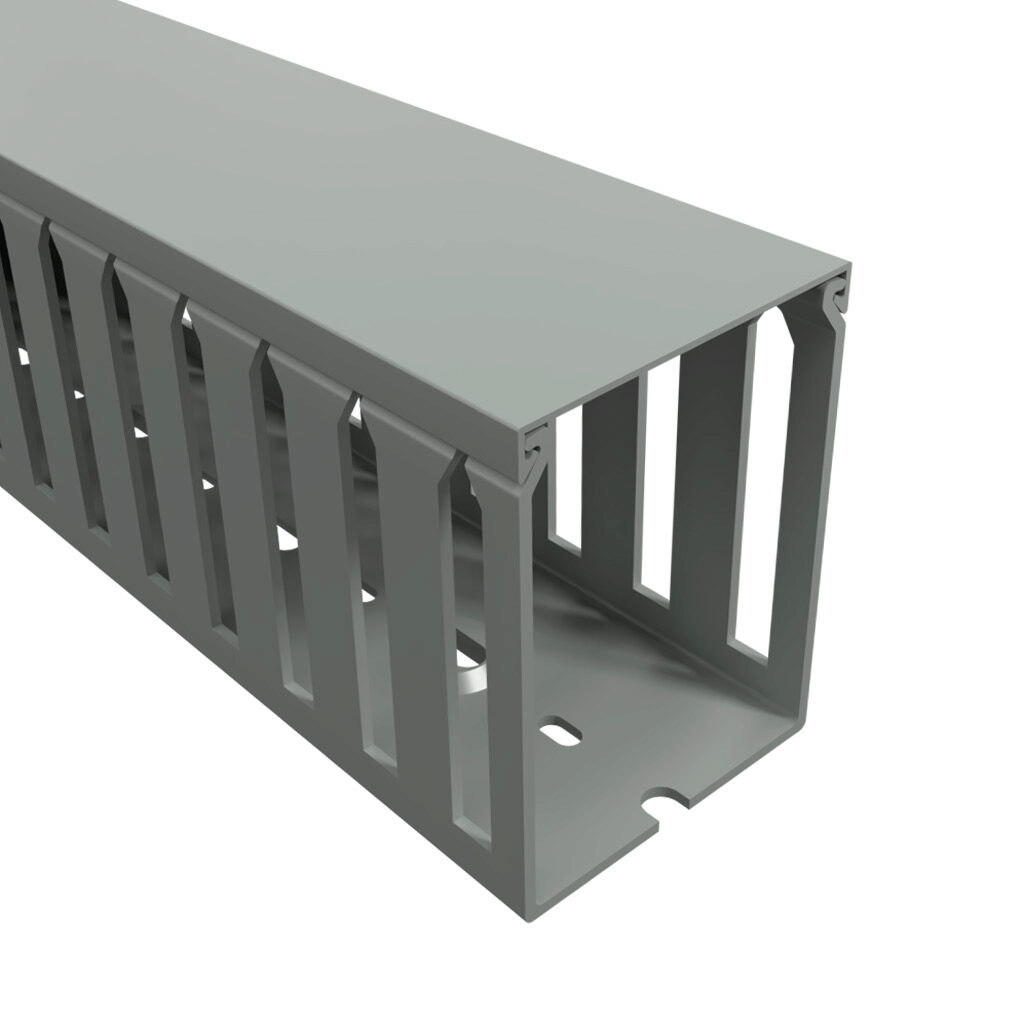 T1-2230G-1 - Iboco T1 series open slot wide finger wire duct, 2.25in width, 3in height, 6.5ft/2m length, gray. Cover included.