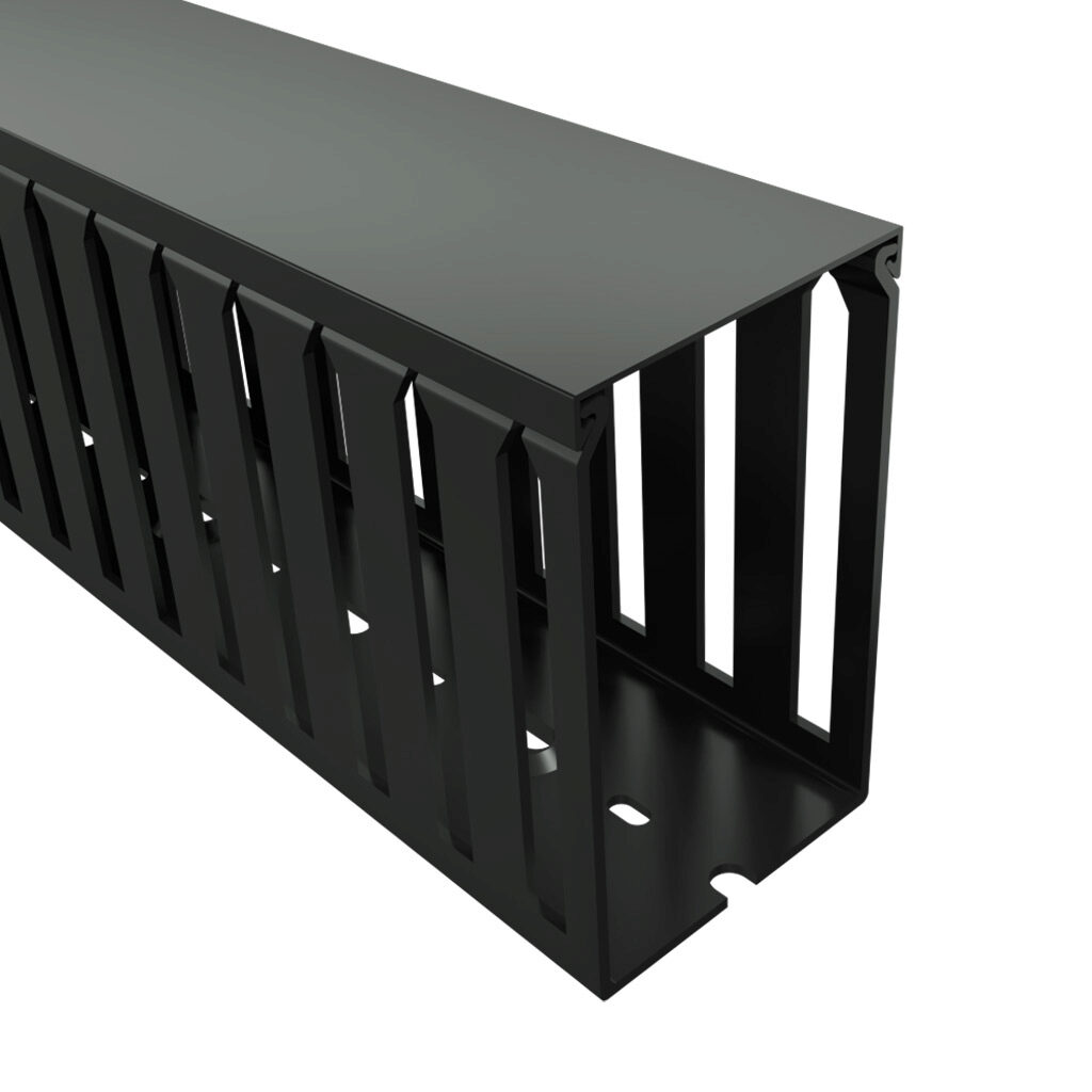 T1-2240K-1 - Iboco T1 series open slot wide finger wire duct, 2.25in width, 4in height, 6.5ft/2m length, black. Cover included.