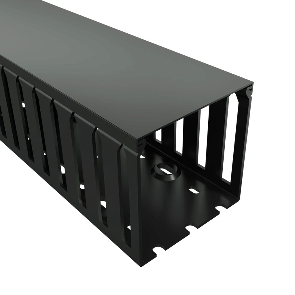 T1-3030K-1 - Iboco T1 series open slot wide finger wire duct, 3in width, 3in height, 6.5ft/2m length, black. Cover included.