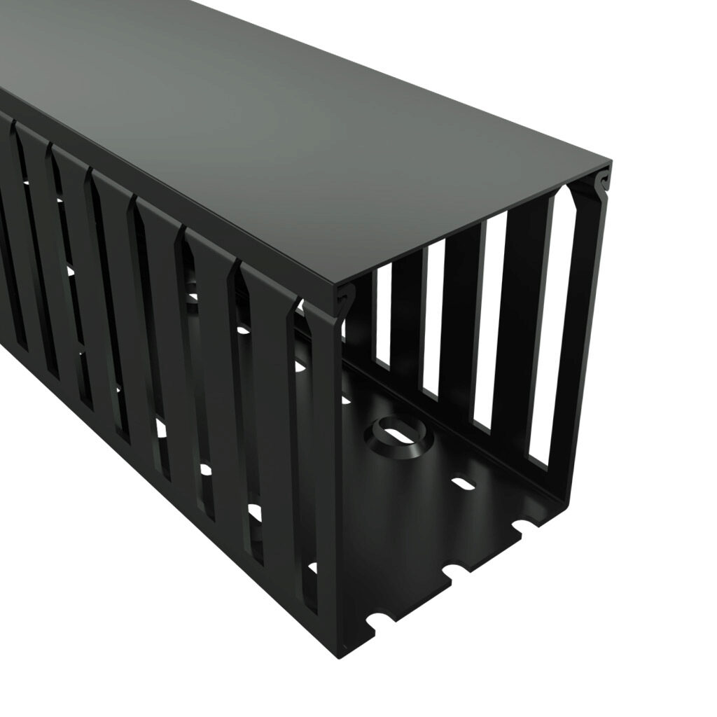 T1-3040K-1 - Iboco T1 series open slot wide finger wire duct, 3in width, 4in height, 6.5ft/2m length, black. Cover included.