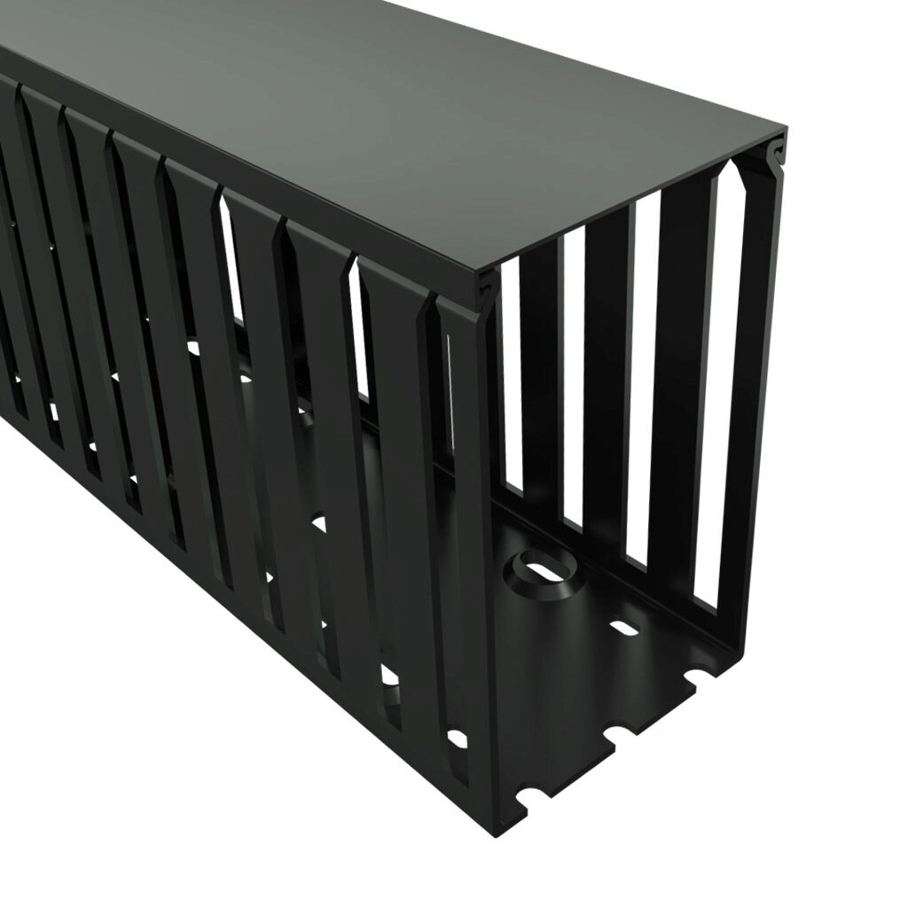 T1-3050K-1 - Iboco T1 series open slot wide finger wire duct, 3in width, 5in height, 6.5ft/2m length, black. Cover included.