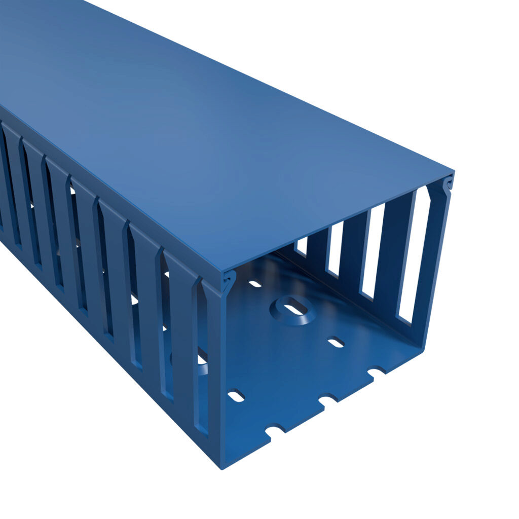 T1-4030B-1 - Iboco T1 series open slot wide finger wire duct, 4in width, 3in height, 6.5ft/2m length, blue. Cover included.
