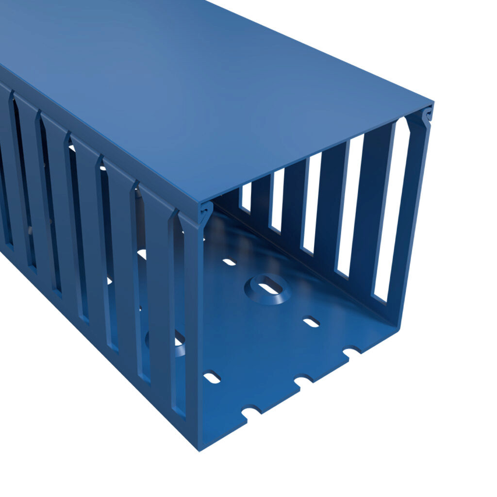 T1-4040B-1 - Iboco T1 series open slot wide finger wire duct, 4in width, 4in height, 6.5ft/2m length, blue. Cover included.