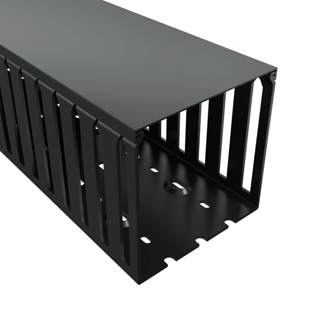T1-4040K-1 - Iboco T1 series open slot wide finger wire duct, 4in width, 4in height, 6.5ft/2m length, black. Cover included.