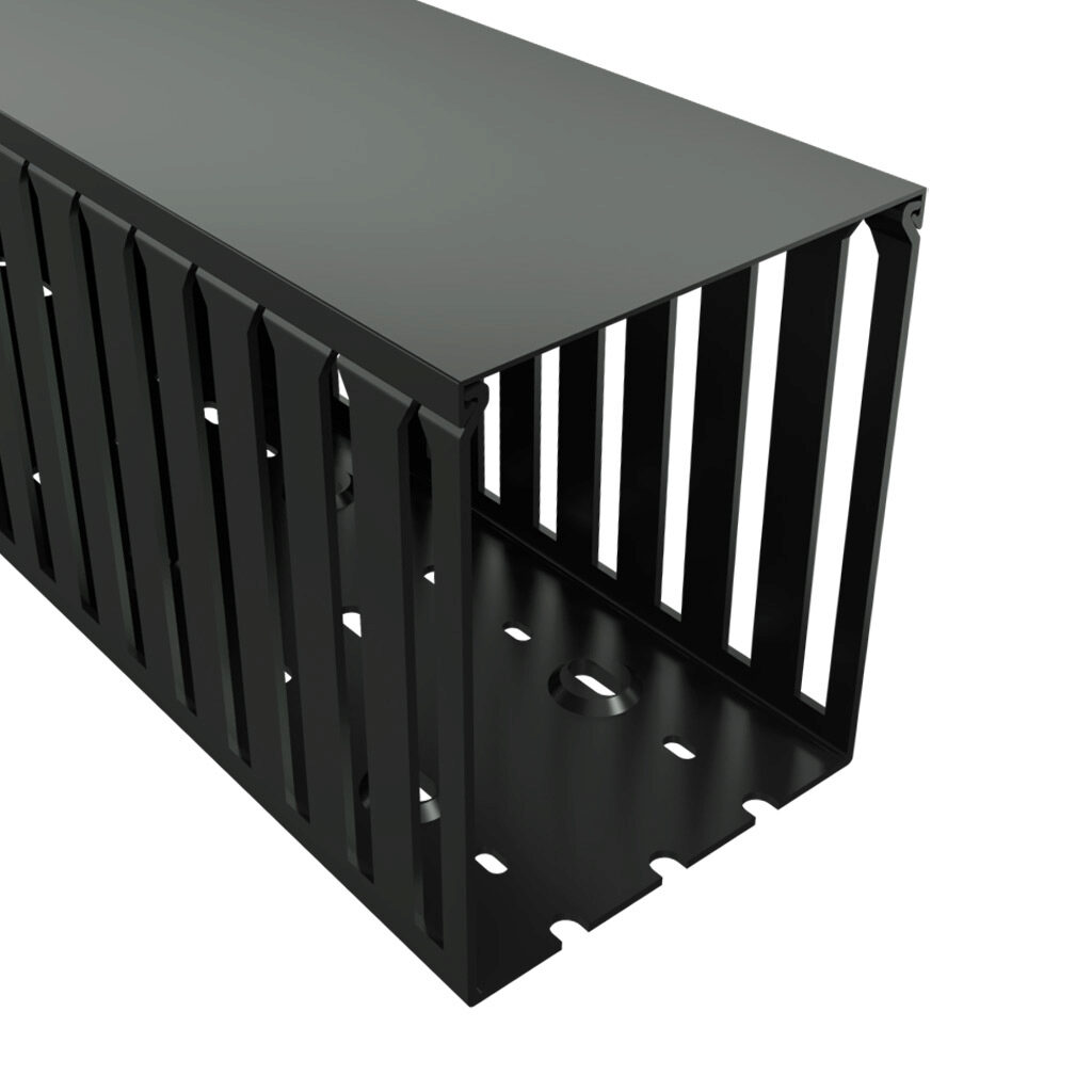 T1-4050K-1 - Iboco T1 series open slot wide finger wire duct, 4in width, 5in height, 6.5ft/2m length, black. Cover included.