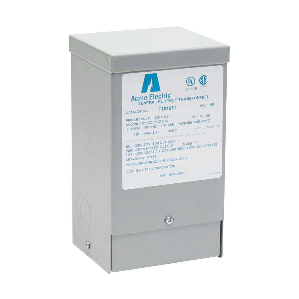 T181051 - ACME buck-boost transformer, encapsulated core, 500 VA, 1-phase, 120/240 VAC, 12/24 VAC secondary, 50/60 Hz, NEMA 3R, wall mount.