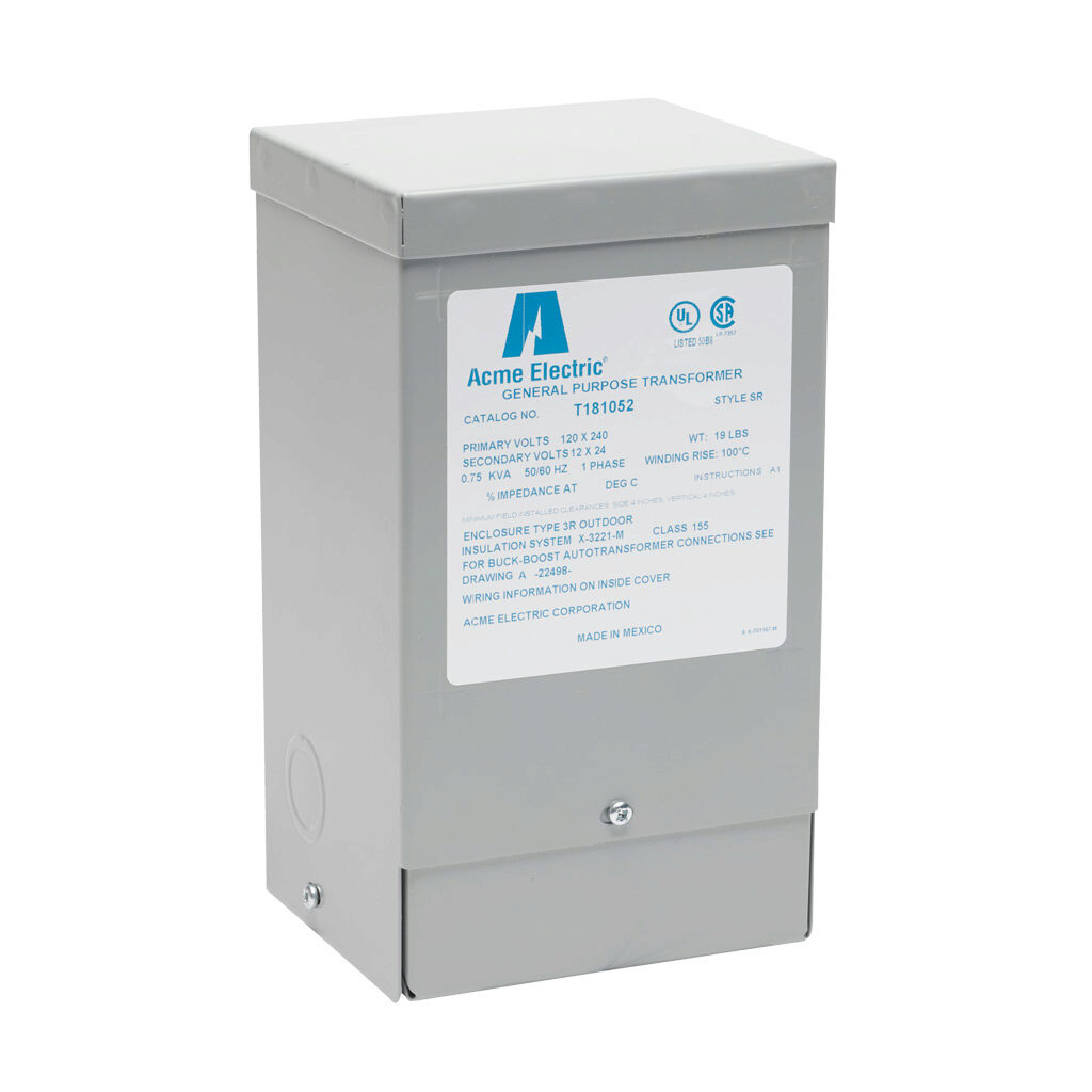 T181052 - ACME buck-boost transformer, encapsulated core, 750 VA, 1-phase, 120/240 VAC, 12/24 VAC secondary, 50/60 Hz, NEMA 3R, wall mount.