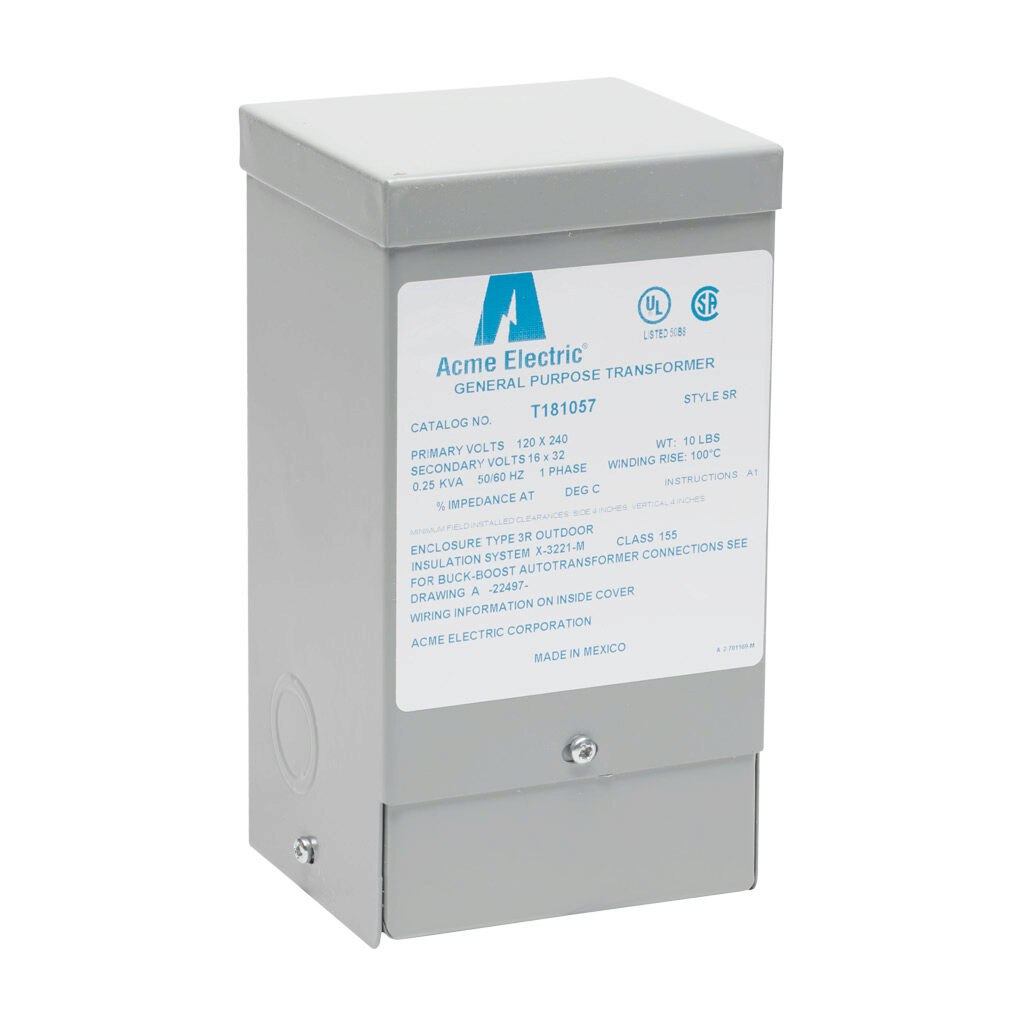 T181057 - ACME buck-boost transformer, encapsulated core, 250 VA, 1-phase, 120/240 VAC, 16/32 VAC secondary, 50/60 Hz, NEMA 3R, wall mount.