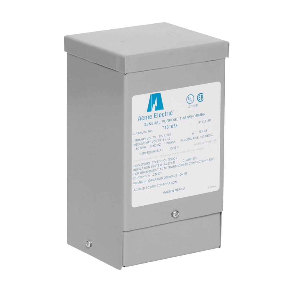 T181058 - ACME buck-boost transformer, encapsulated core, 500 VA, 1-phase, 120/240 VAC, 16/32 VAC secondary, 50/60 Hz, NEMA 3R, wall mount.