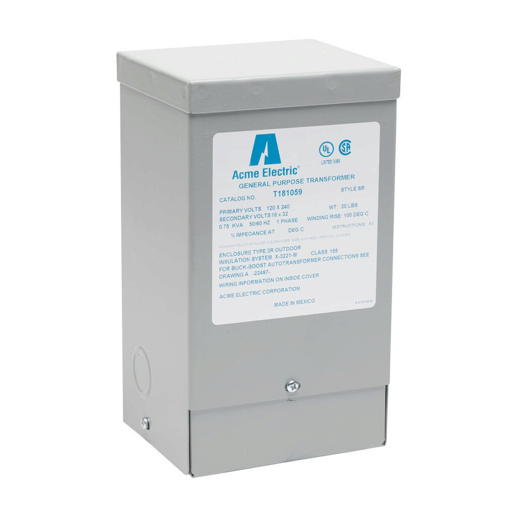 T181059 - ACME buck-boost transformer, encapsulated core, 750 VA, 1-phase, 120/240 VAC, 16/32 VAC secondary, 50/60 Hz, NEMA 3R, wall mount.