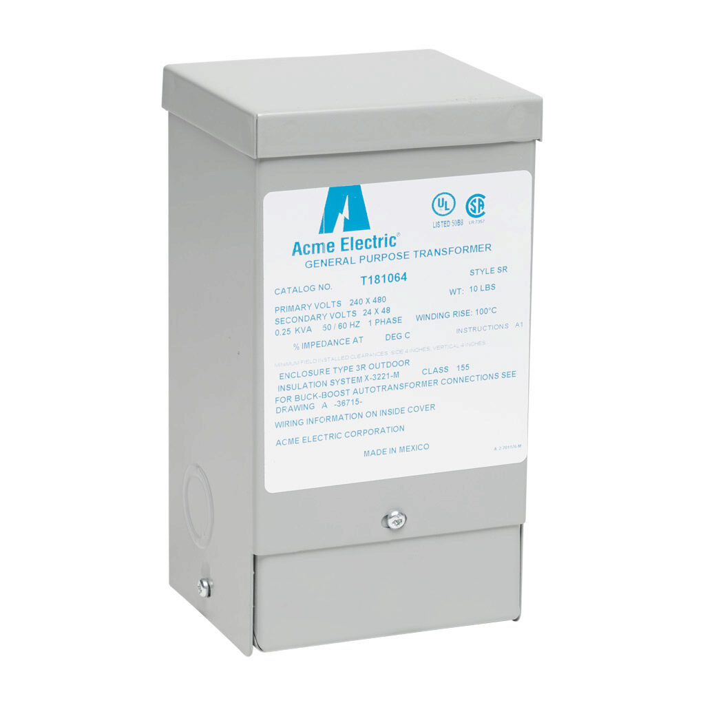 T181064 - ACME buck-boost transformer, encapsulated core, 250 VA, 1-phase, 240/480 VAC, 24/48 VAC secondary, 50/60 Hz, NEMA 3R, wall mount.