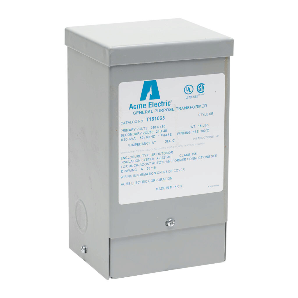 T181065 - ACME buck-boost transformer, encapsulated core, 500 VA, 1-phase, 240/480 VAC, 24/48 VAC secondary, 50/60 Hz, NEMA 3R, wall mount.
