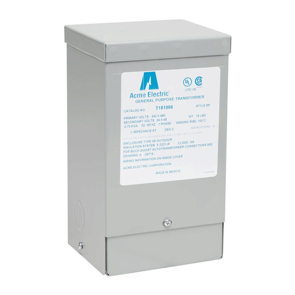 T181066 - ACME buck-boost transformer, encapsulated core, 750 VA, 1-phase, 240/480 VAC, 24/48 VAC secondary, 50/60 Hz, NEMA 3R, wall mount.