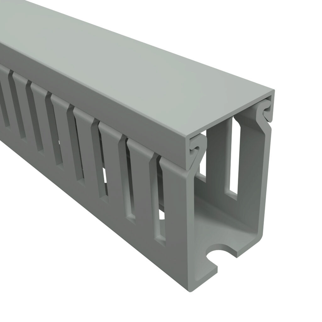 T1E-1015G-1 - Iboco T1E series open slot narrow finger wire duct, 1in width, 1.5in height, 6.5ft/2m length, gray. Cover included.