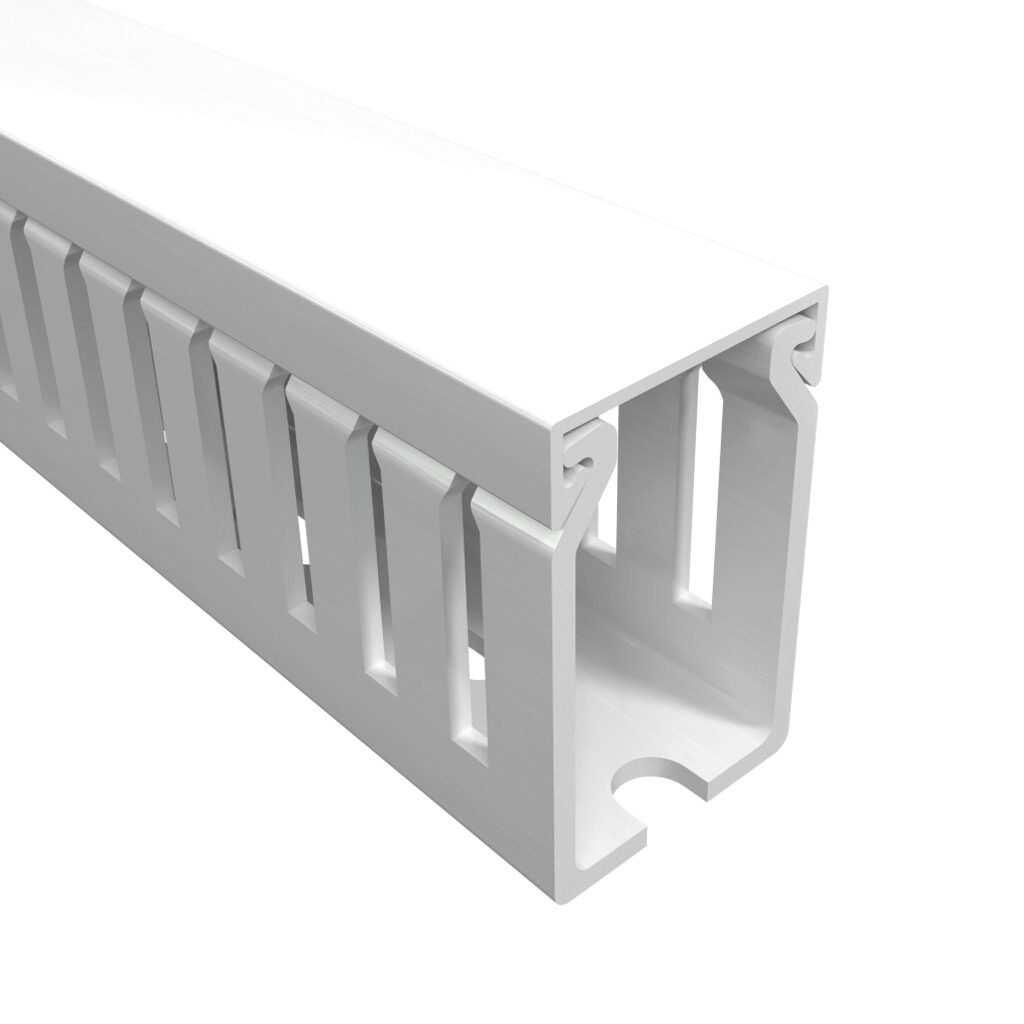 T1E-1015W-1 - Iboco T1E series open slot narrow finger wire duct, 1in width, 1.5in height, 6.5ft/2m length, white. Cover included.