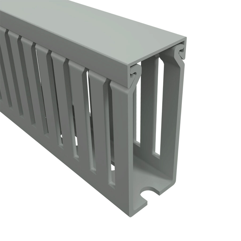 T1E-1022G1-1 - Iboco T1E series open slot narrow finger wire duct, 1in width, 2.25in height, 3.2ft/1m length, gray. Cover included.